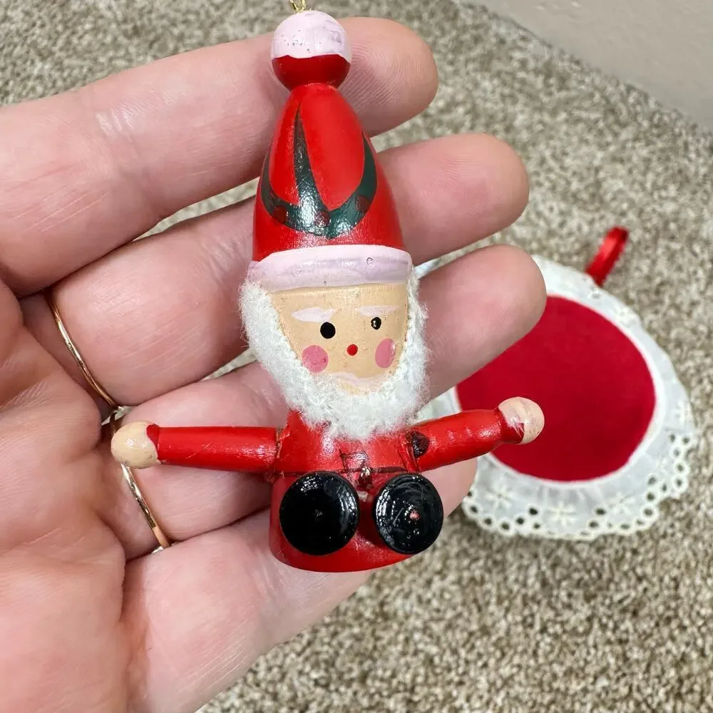 VTG Christmas Ornaments Santa Red Green Handmade Painted Set of 3